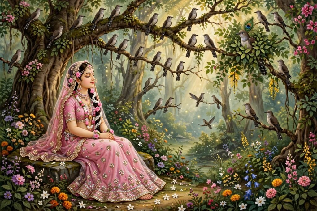 कोकिलावन में राधारानी कोयल की कूक सुनती हुई